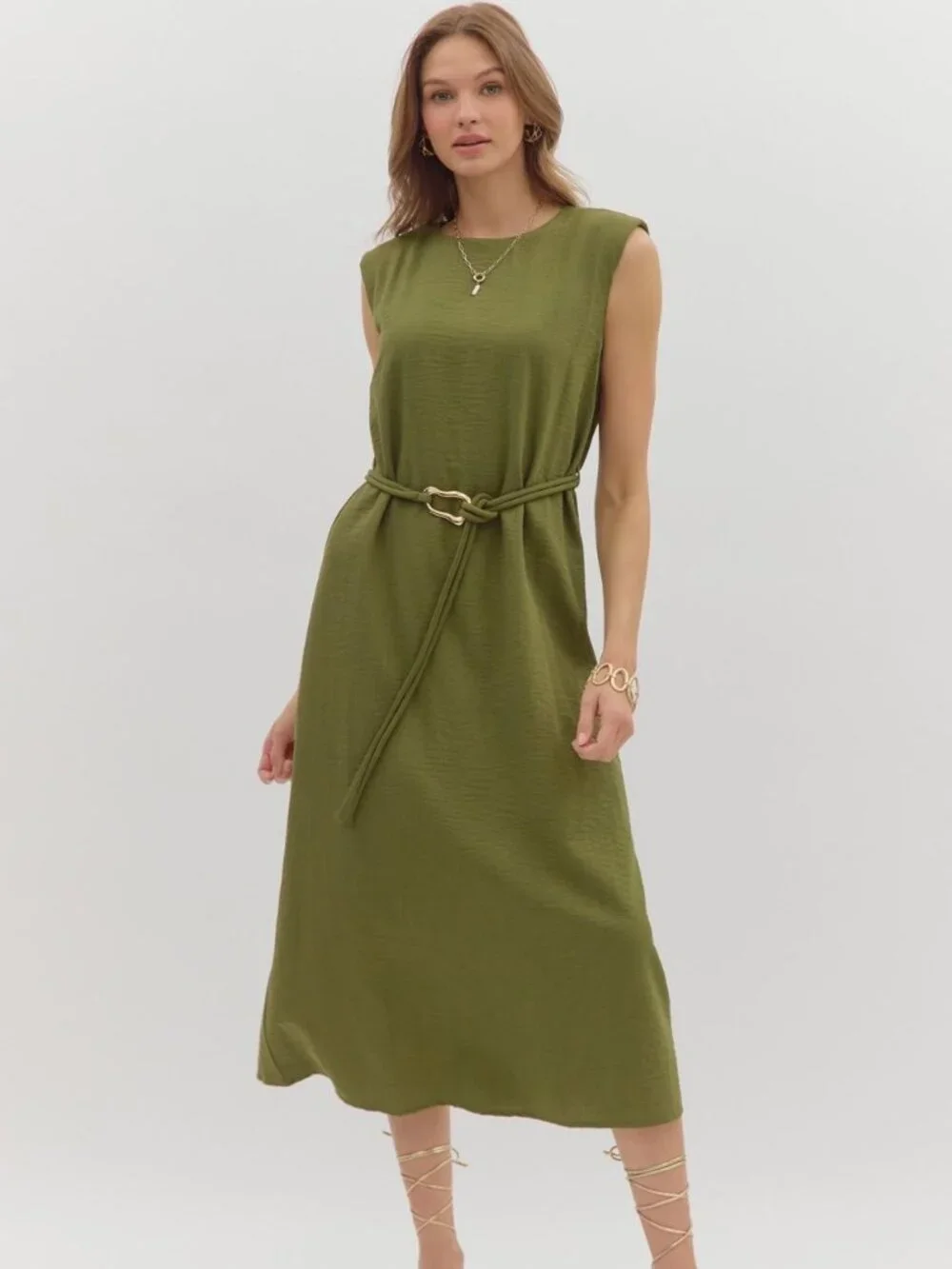 Sage Belted Midi Dress - Picture 1 of 7